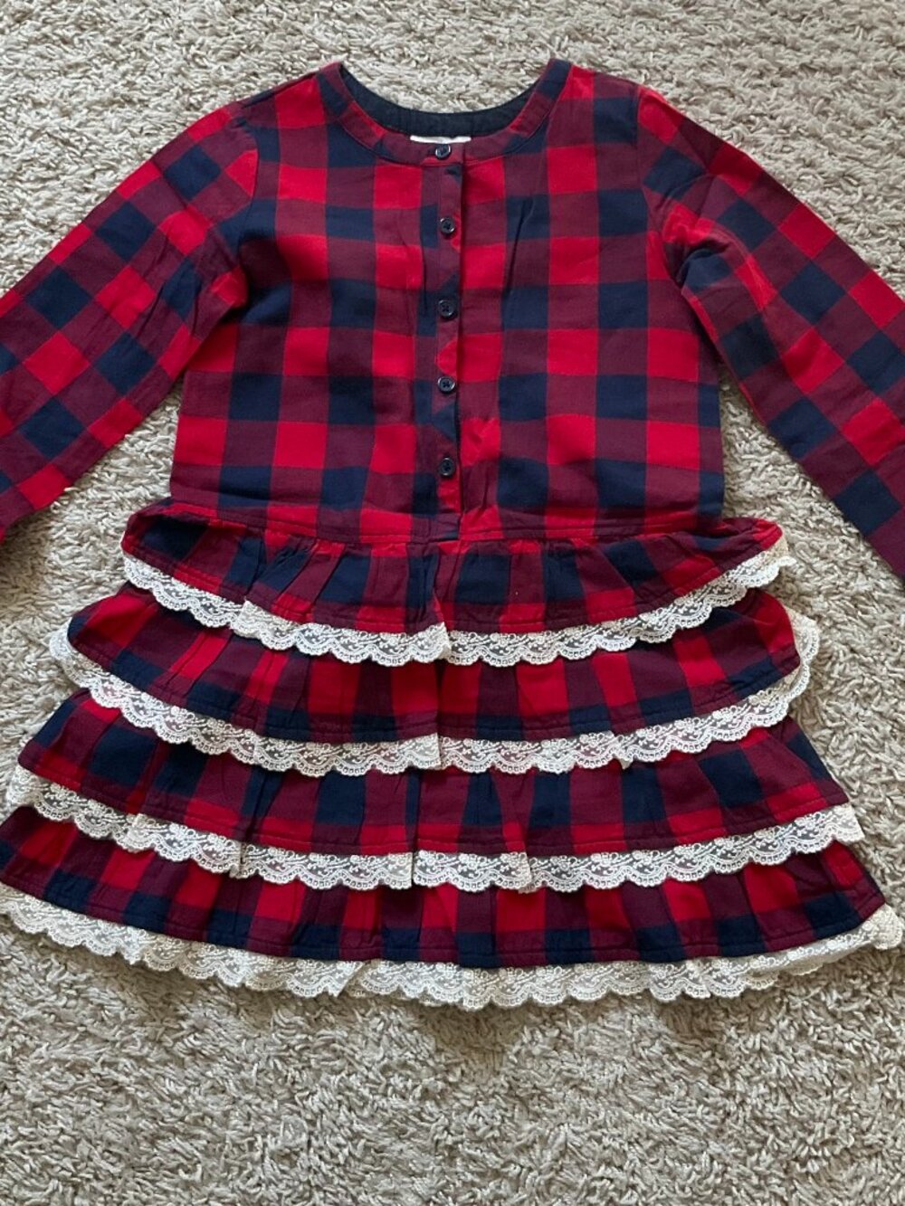 Hanna Andersson Tiered Dress with Lace Trim in Gingham. Size 110 (US 5). Red Na